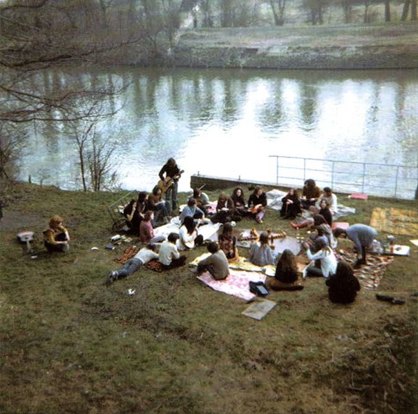 Hippy gathering on the banks of Eel Pie Island c. 1970