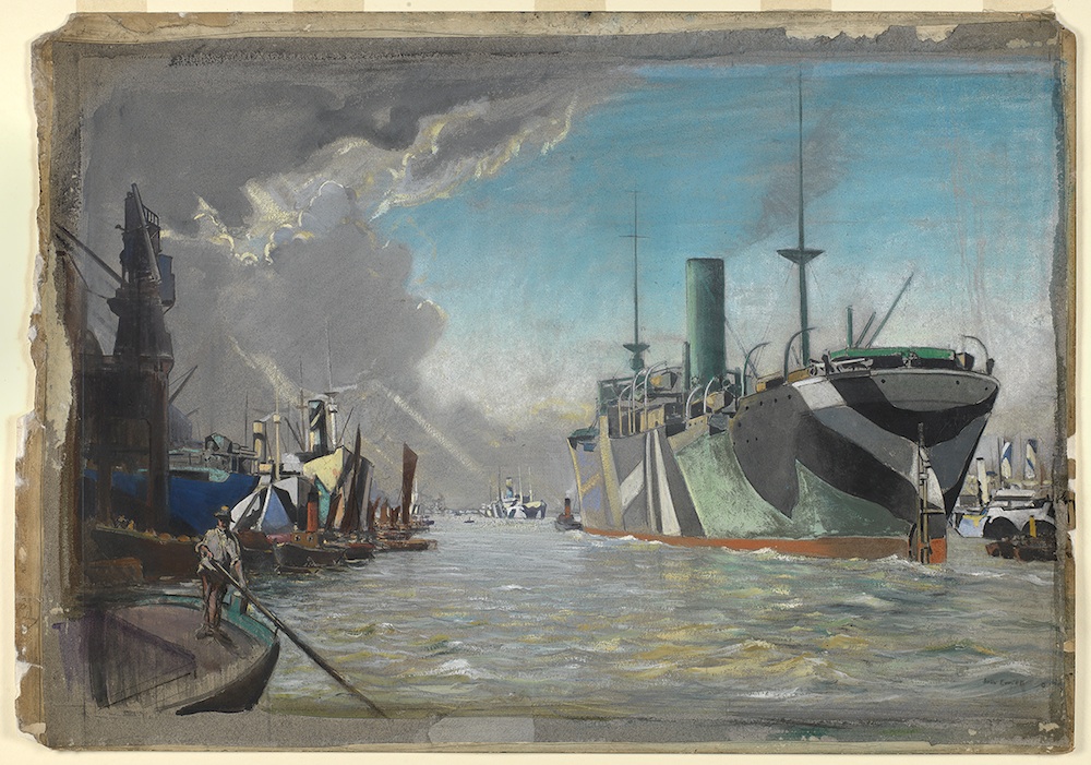On London River 1918. Showing dazzle-painted steam vessels, also tugs and a bargeman PAH6702