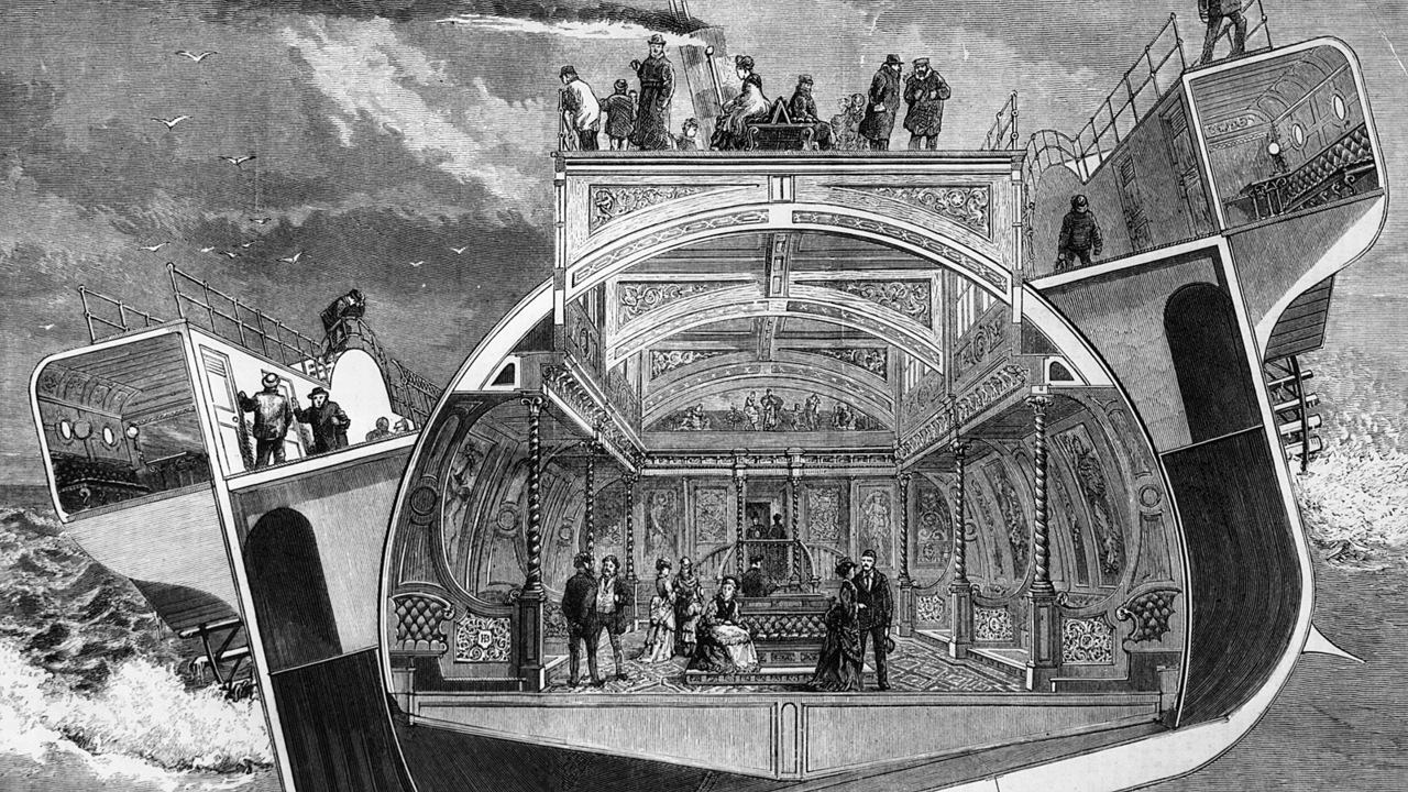 1875:  A cross section of the Bessemer Saloon Steamer which contains the self-trimming saloon designed by inventor and engineer Sir Henry Bessemer, and its lavish interior design. The saloon keeps level even though the ship is listing in a rough sea.  Graphic - pub. 1874  (Photo by Hulton Archive/Getty Images)