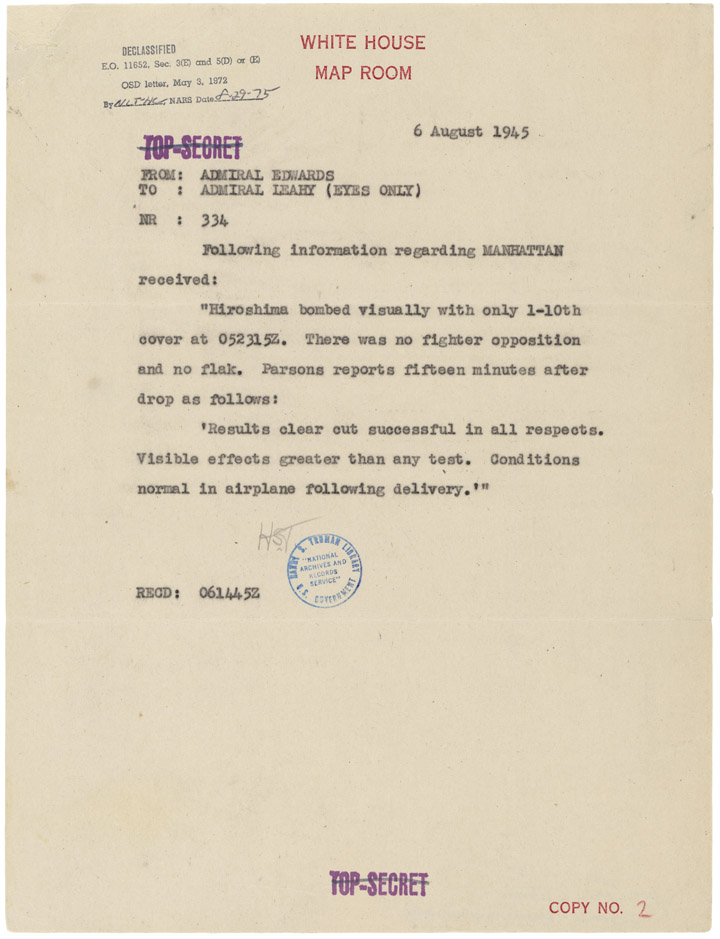 02393_2003_001 Telegram from Admiral Edwards to Admiral Leahy re: Hiroshima Bomb (initialed HST)