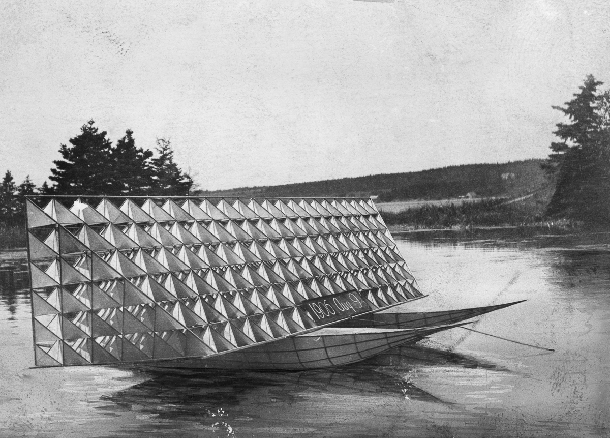 Cape Breton Island, Nova Scotia, Canada --- Alexander Graham Bell's tetrahedral kite is towed on the water. --- Image by © National Geographic Creative/Corbis
