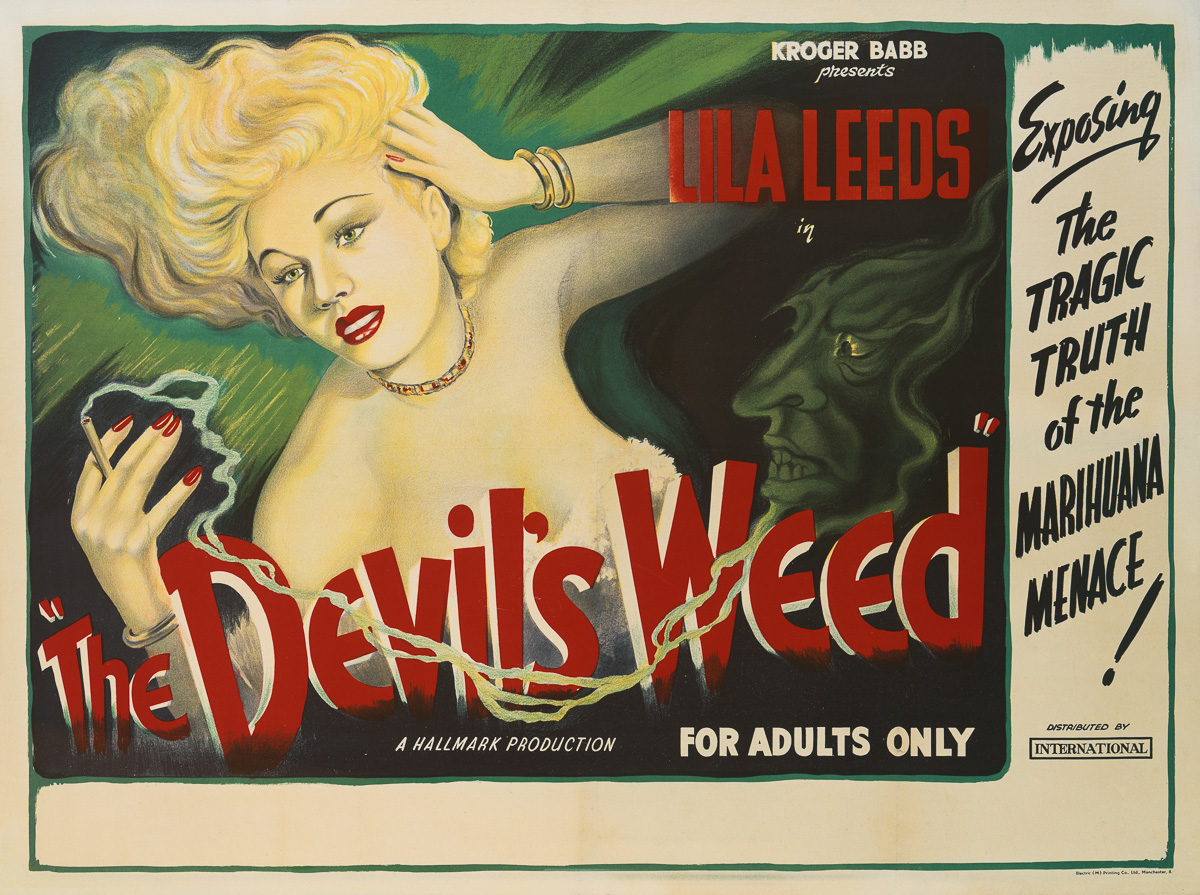 A poster for the British release of Sam Newfield's 1949 exploitation film, 'The Devil's Weed', starring Lila Leeds. The film's alternative titles are: 'She Shoulda Said 'No!', 'Marijuana, the Devil's Weed', and 'The Story of Lila Leeds and Her Expose of the Marijuana Racket'. (Photo by Movie Poster Image Art/Getty Images)